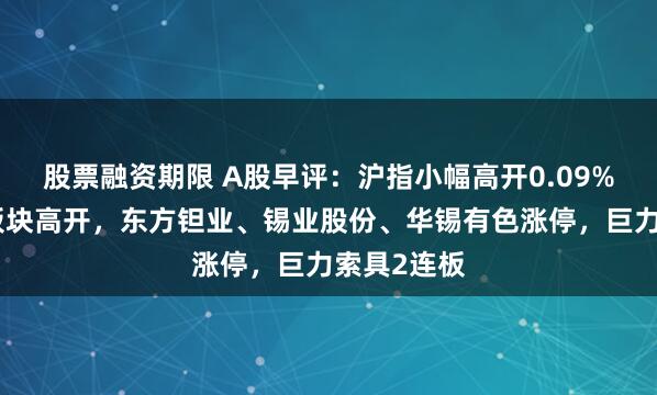 股票融资期限 A股早评：沪指小幅高开0.09%！小金属板块高开，东方钽业、锡业股份、华锡有色涨停，巨力索具2连板